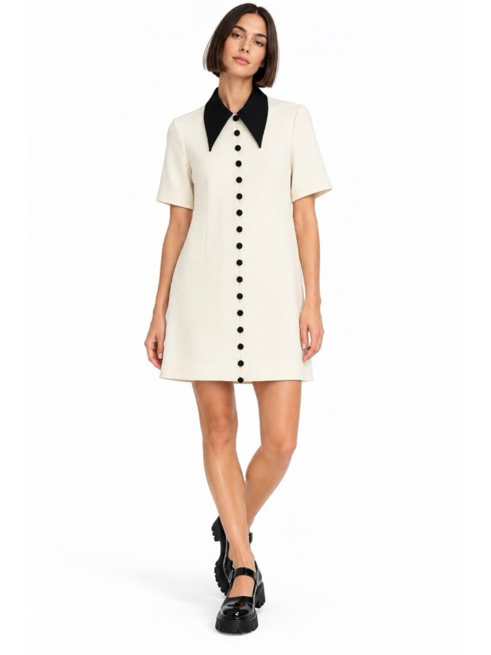 vintage 90s SCAASI DRESS 6 ivory black mod collar button front shift mini